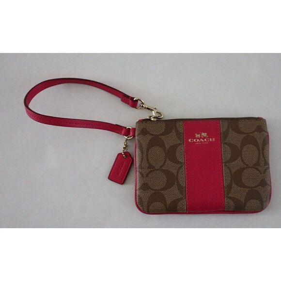 Coach F52860 Signature Khaki/Petunia Pink Leather Zip Wristlet Wallet - Picture 1 of 8